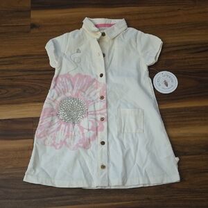 Cream Kids Casual Button-Front Dress with Pink Floral Flower 100% Organic Cotton